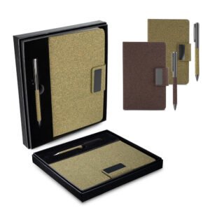 Kit escritório A5 em PU e fibra de café ou chá e Caneta Metálica